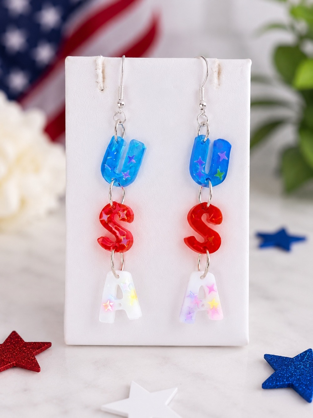 Patriotic U S A Dangle Earrings - Red, Blue & White